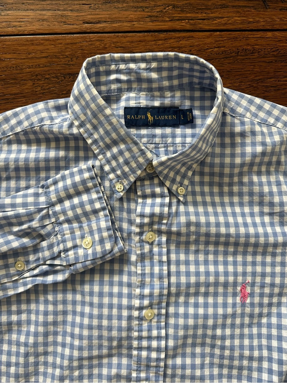 Ralph Lauren Mens Blue White Gingham Check Button Down Shirt Large Pink Pony